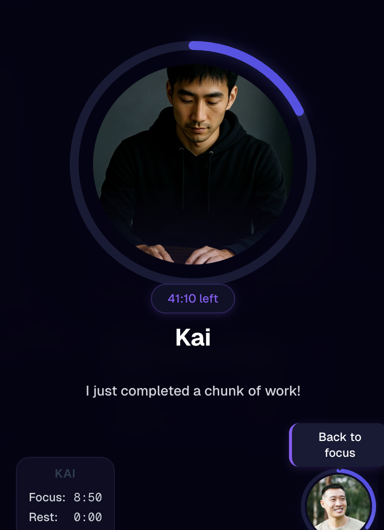 FlowAnchor AI body double chat offering accountability and focus nudges